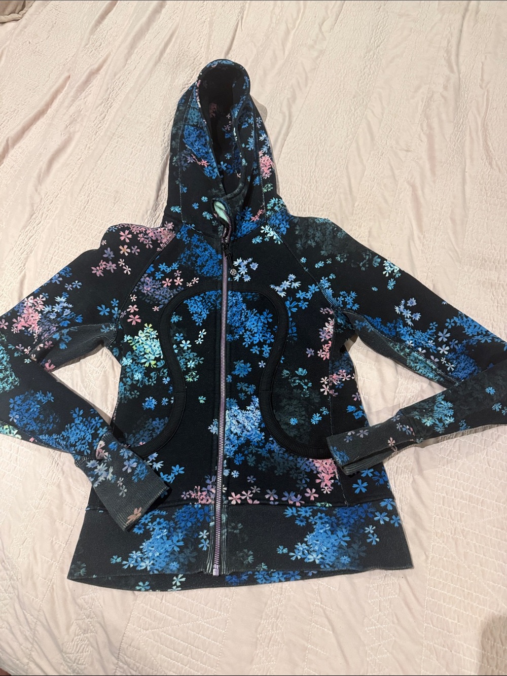lululemon athletica Black Floral Zip-Up Hoodie with Blue and Pink Accents